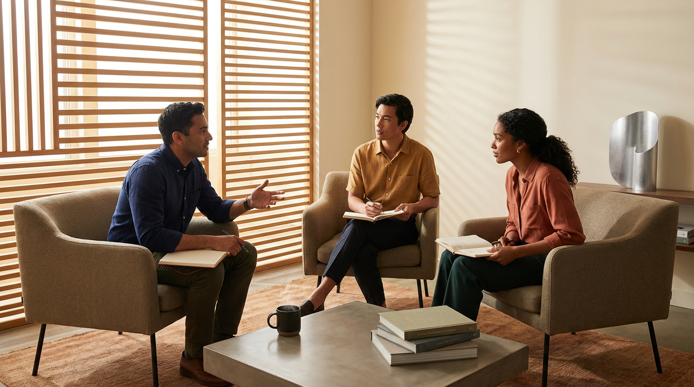 Three people having a conversation in a therapy session or support group, sitting in armchairs in a room with wooden blinds and a coffee table with stacked books and a mug.