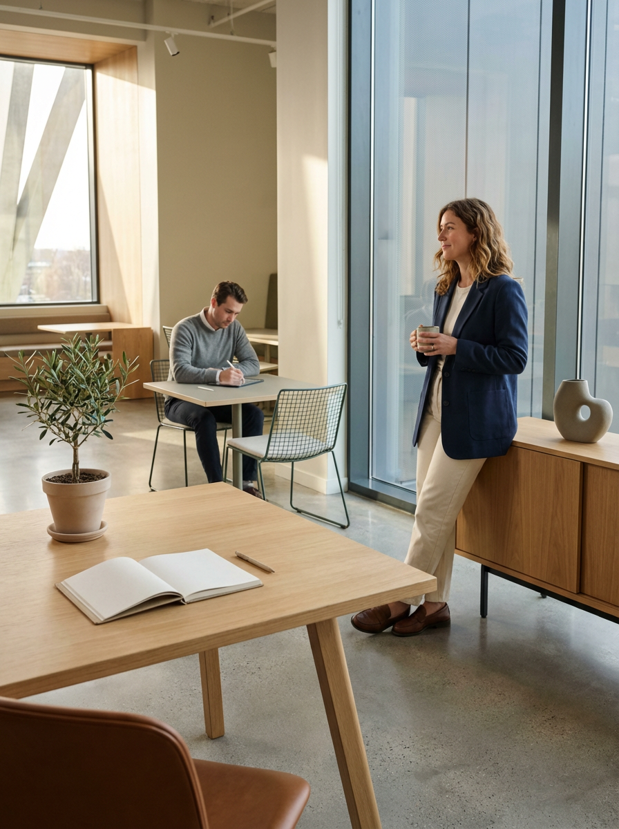 A woman in a navy blazer and beige pants standing by a wooden sideboard with a ceramic vase holding a cup, smiling and holding a cup, in a bright modern office with large windows. A man is sitting at a desk in the background, writing in a notebook.