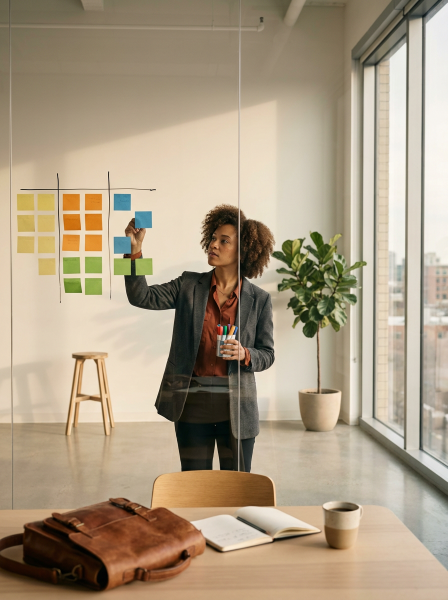 Woman in business attire standing in front of glass wall, placing colorful sticky notes on a chart, with a meeting table and a cup in the foreground, and a potted plant by the window.