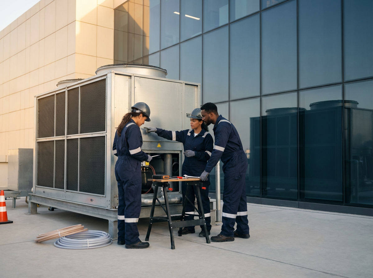 Three workers in blue uniforms and safety helmets repairing an HVAC unit outside a building.