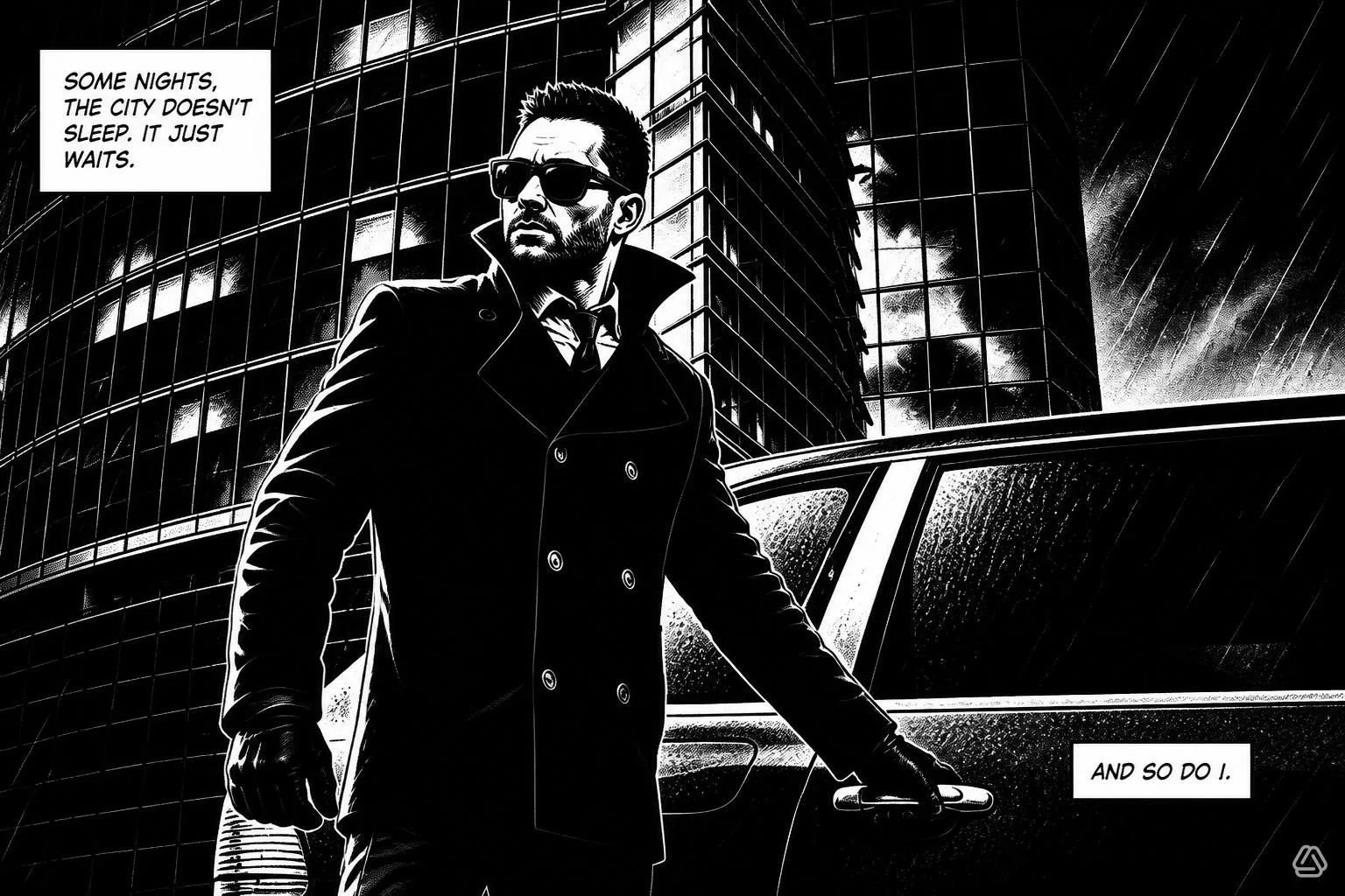 A black-and-white comic book illustration of a stylish man wearing sunglasses, a trench coat, and gloves, standing outside a modern glass building at night, holding the car door handle. The scene is rainy, with reflections on the wet surface. Text boxes say, "Some nights, the city doesn't sleep. It just waits" and "And so do I."