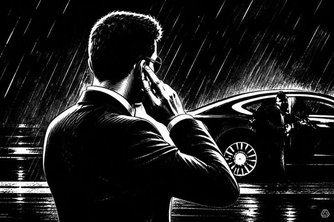 A man in a suit talking on a cellphone in the rain near a luxury car, with a woman in the background.