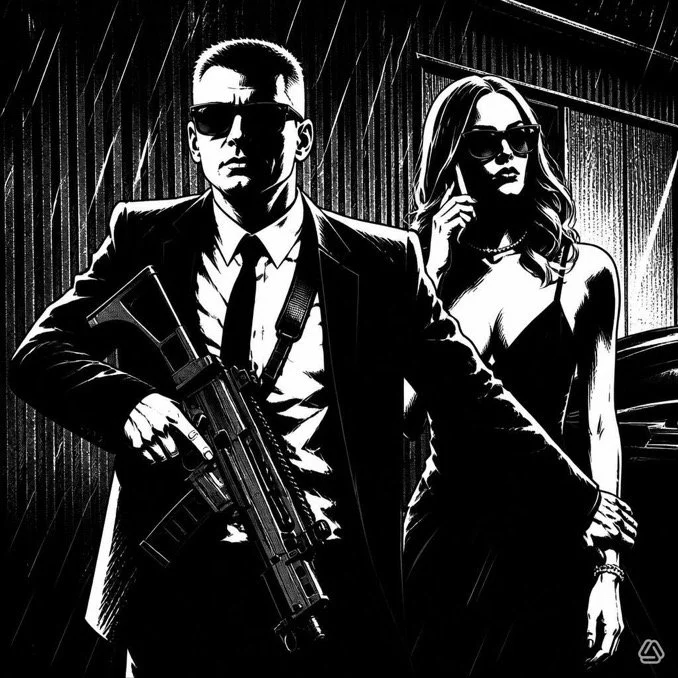 Black and white illustration of a man in a suit holding a gun and a woman in sunglasses talking on her phone, standing in a rainstorm.