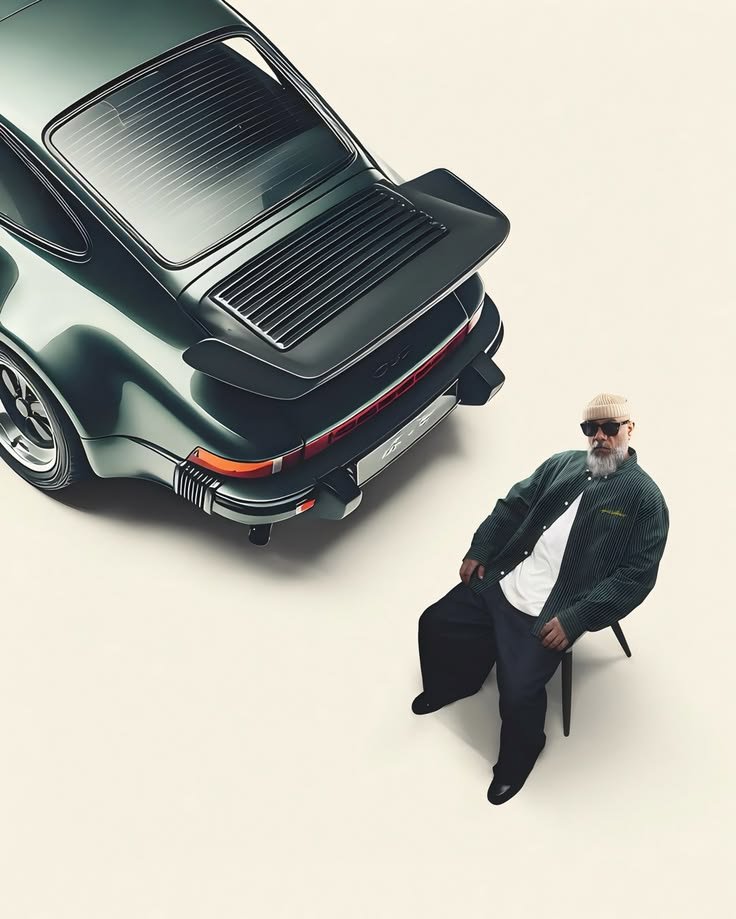 A man with a beard, wearing sunglasses, a beanie, a black jacket, and dark pants, sitting on a chair next to a large vintage Porsche car.
