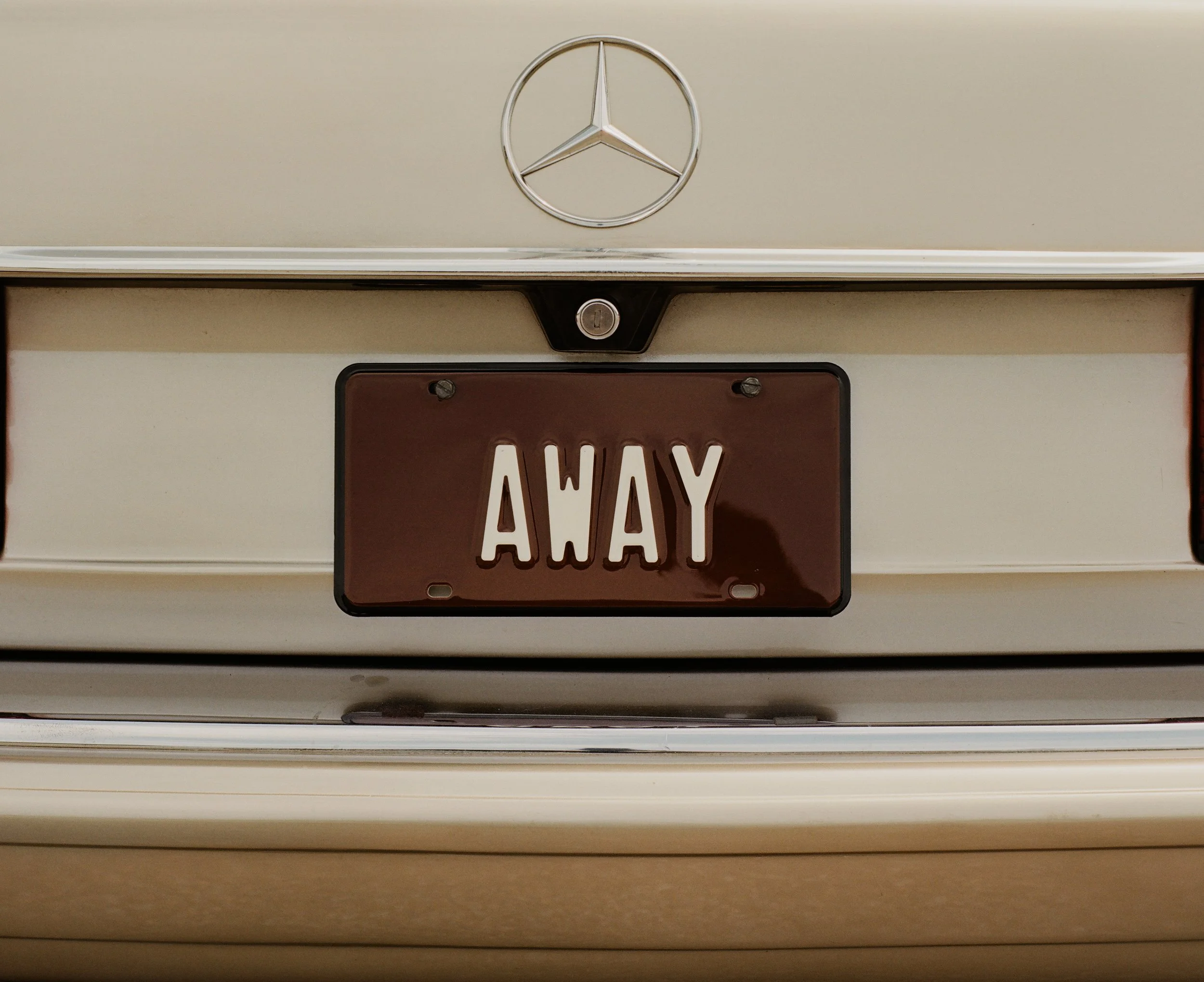 A close-up of a vehicle rear with a Mercedes-Benz logo badge at the top center and a brown license plate below it with the word 'ANY' visible.