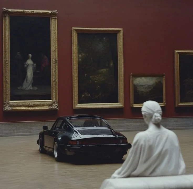 A miniature black Porsche model car is displayed in an art gallery with classical paintings on the wall. In the foreground, a white marble statue of a seated woman is visible.
