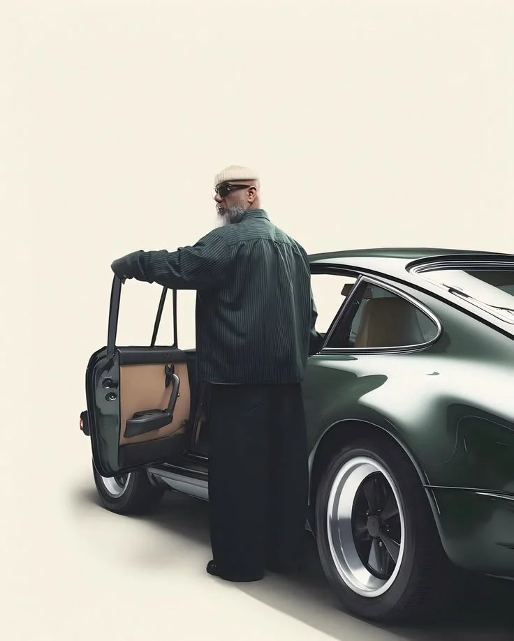 A stylish man with a beard, sunglasses, and a beige knit hat leans on a dark green classic car with an open door, against a plain light-colored background.