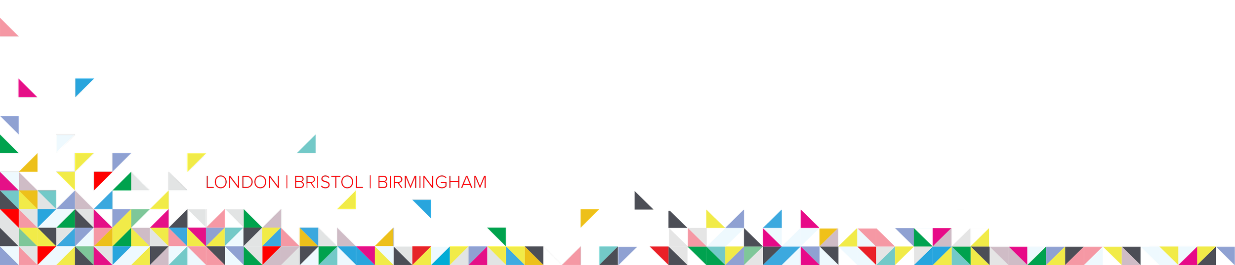 Abstract colorful geometric pattern with city names London, Bristol, Birmingham in red text.