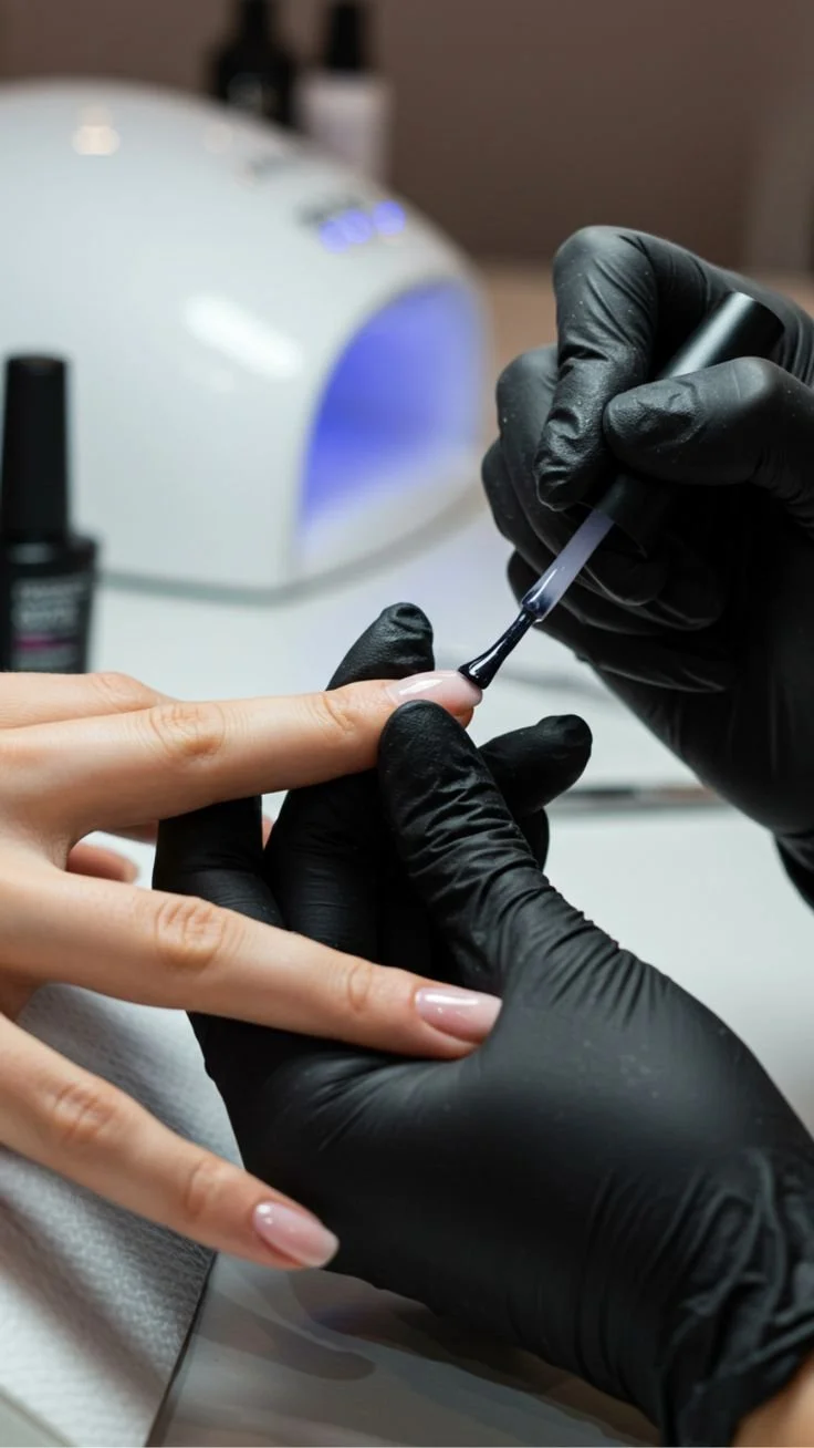 Fingernagelpflege: Eine Person trägt schwarze Handschuhe und lackiert den Fingernagel einer anderen Person mit einem Pinsel bei einer Maniküre.