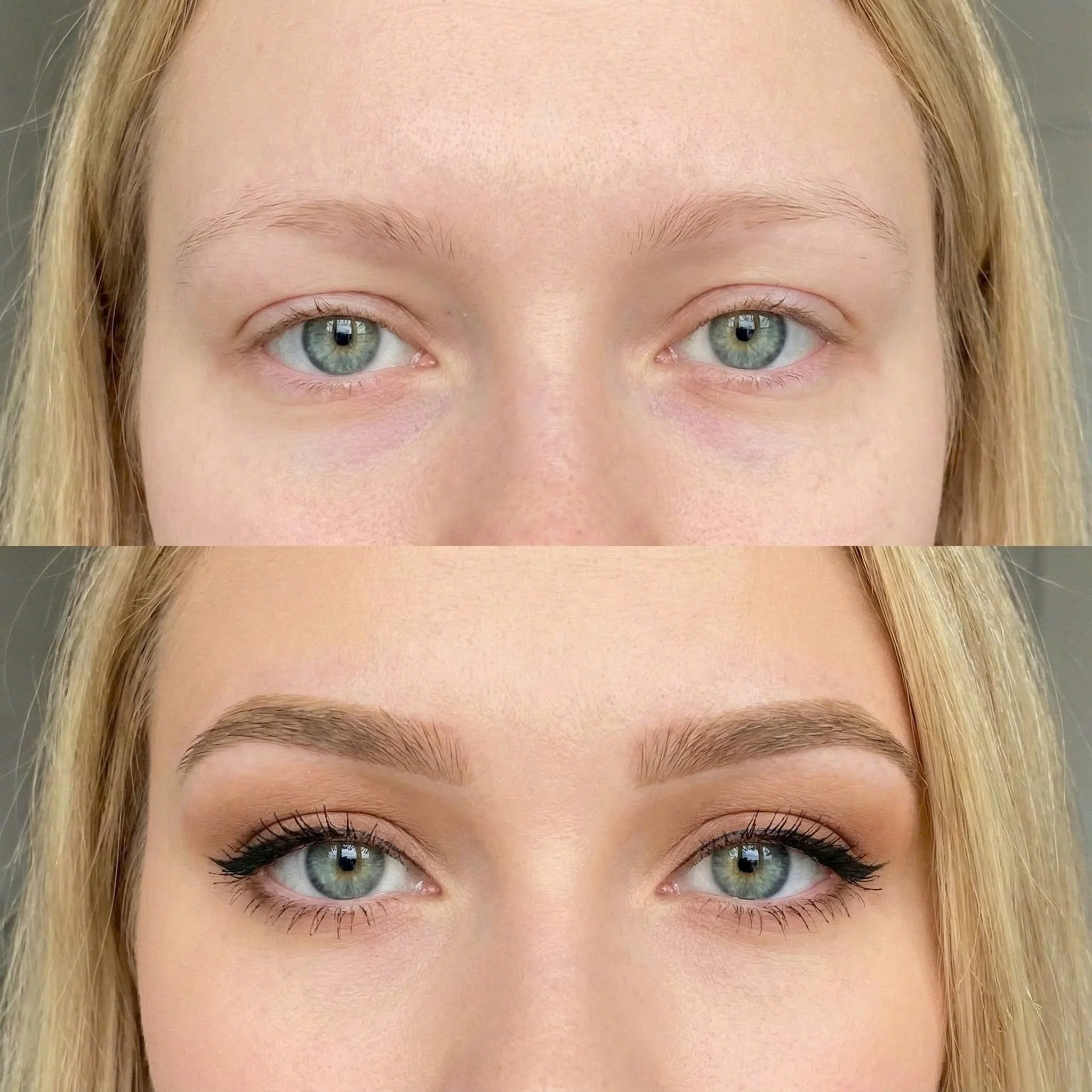 Nahaufnahme von einer Frau mit blauen Augen, hellen Haaren und starken Wimpern, nur die obere Hälfte ihres Gesichts ist sichtbar.