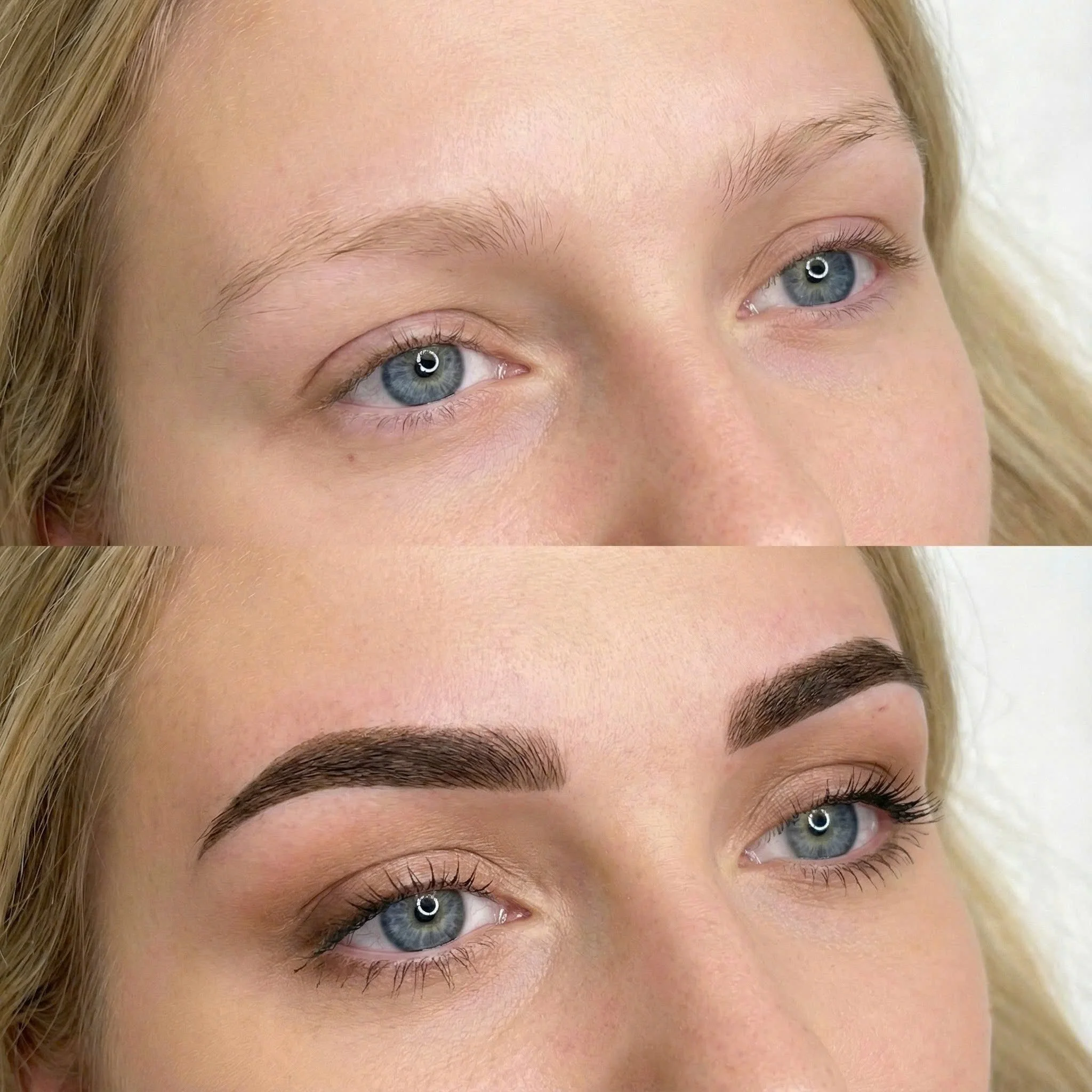 Nahaufnahme der blauen Augen einer Frau mit hellen Haut und blondem Haar.