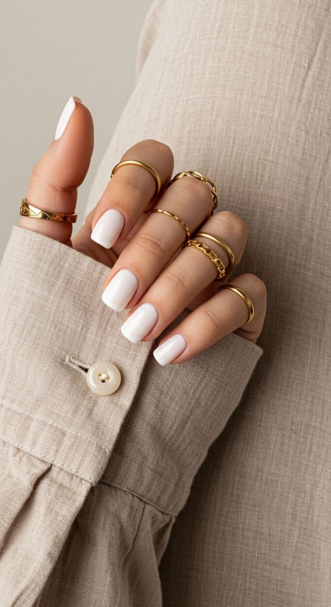 Nahaufnahme einer Hand mit weißen Nägeln, die mehrere goldene Ringe trägt, vor einem beigefarbenen Stoffhintergrund