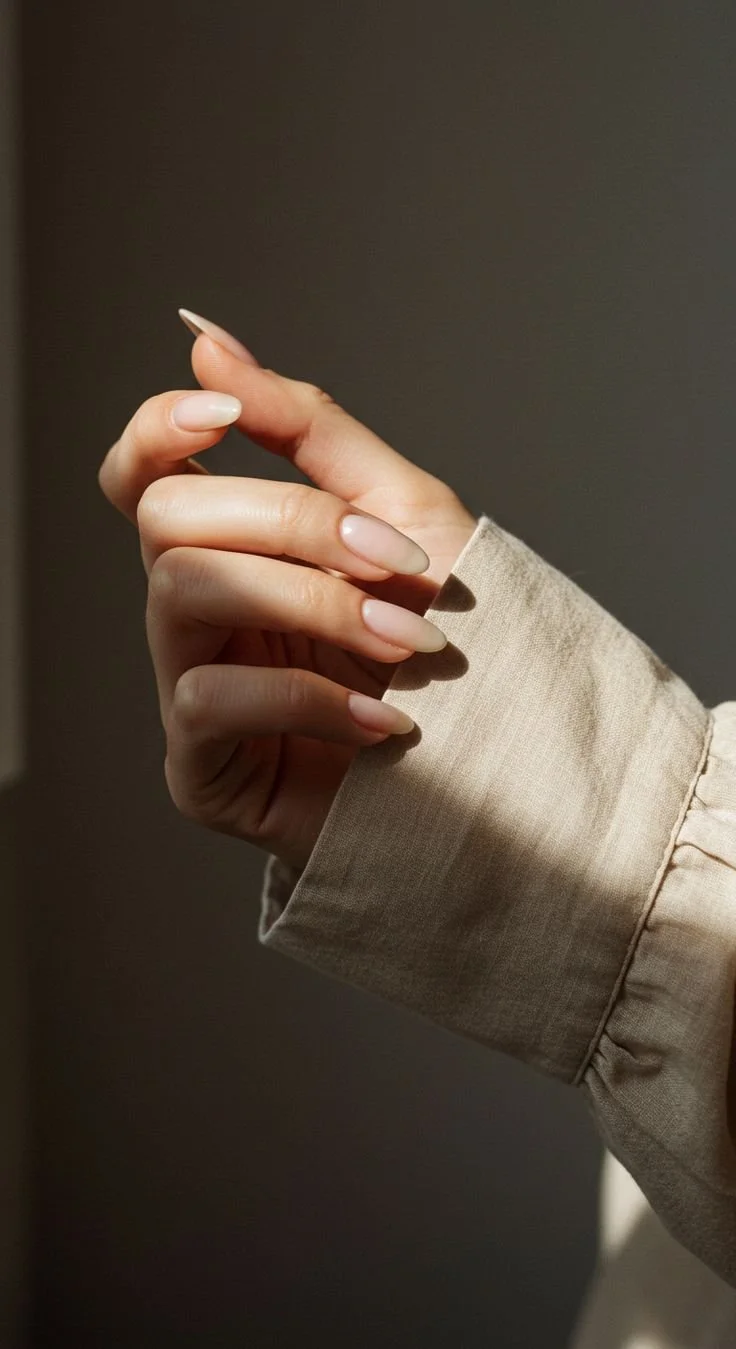 Nahaufnahme einer Hand mit langen, abgerundeten, gepflegten Fingernägeln in einem creme- oder nude-Ton, die eine Jacke oder Bluse trägt, vor einem dunklen Hintergrund.