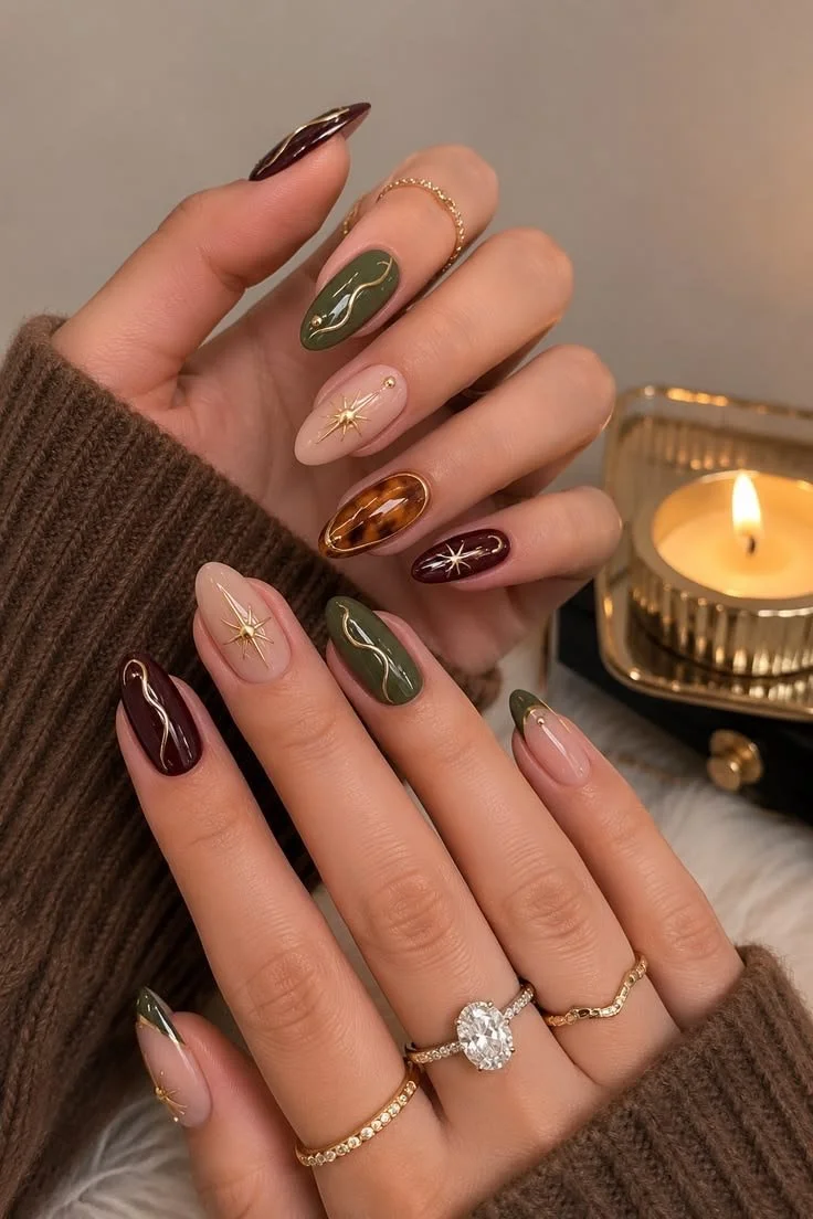 Nahaufnahme von pedikürten Fingernägeln mit diversen farbigen Nagellacken und Gold- und Sternenmustern, mehreren Ringen, vor einem Kerzenlicht im Goldrahmen.