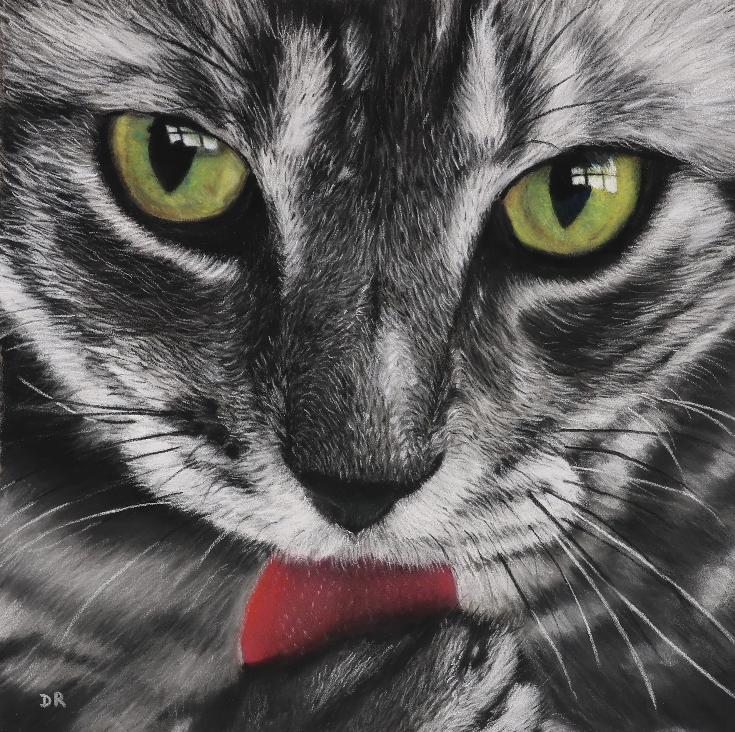 Close-up realistic pastel painting of a tabby cat face with striking bright green eyes, sticking out its red tongue to lick its paw