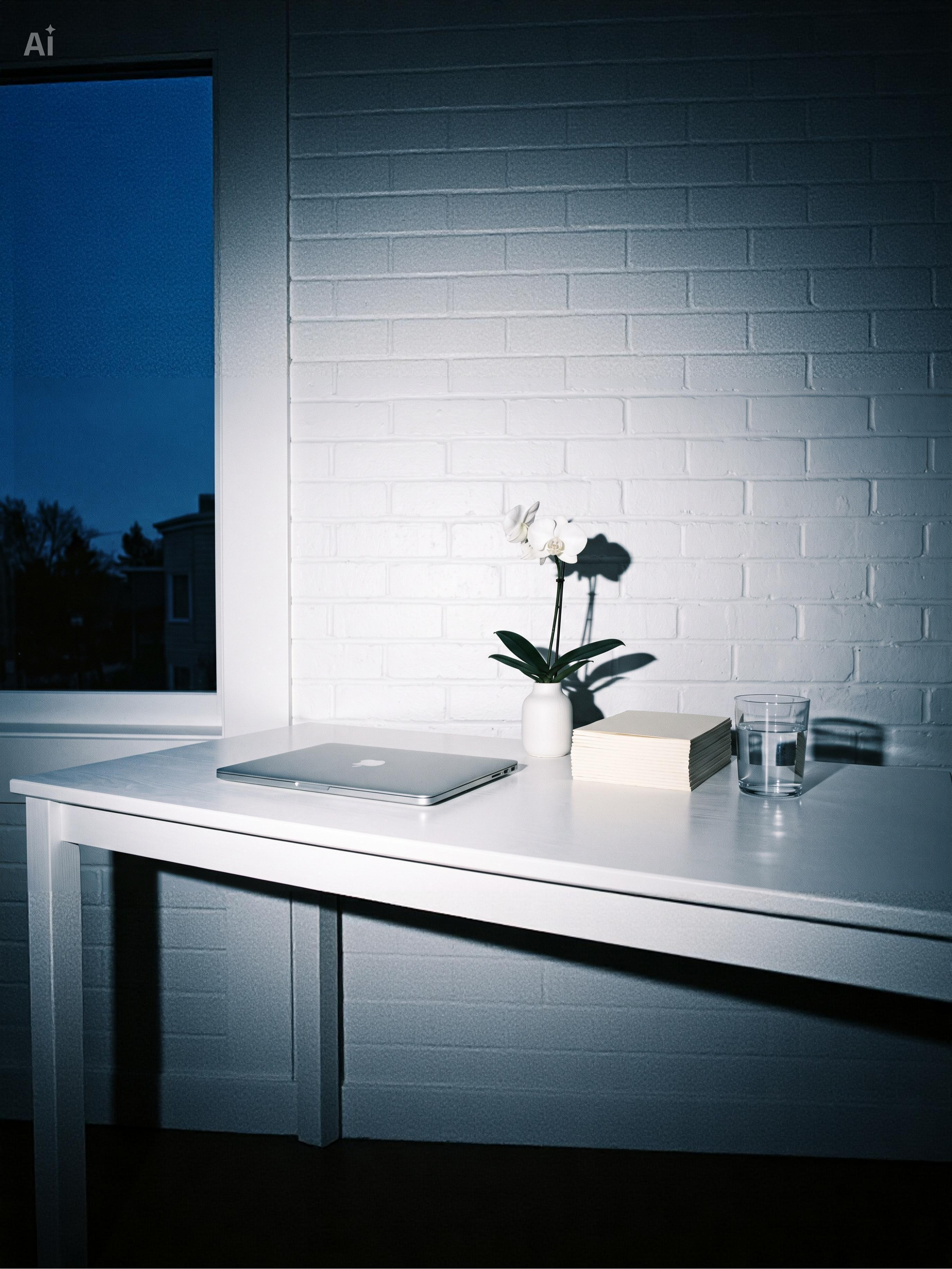 A white table near a window with a laptop, a white vase with a single white orchid, a closed stack of papers, and a glass of water against a white brick wall in low lighting.