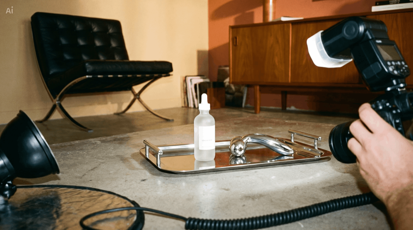 A small, clear dropper bottle on a silver tray on a concrete surface, with photography equipment including two flashlights and a camera in the scene, in a room with a black chair and wooden furniture in the background.