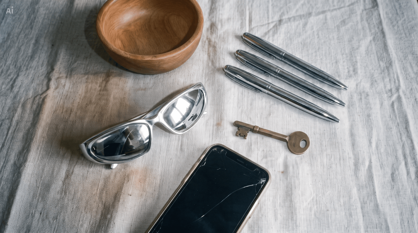 A wooden bowl, three silver pens, a pair of sunglasses, a cracked smartphone, a small key, and a set of all-black lenses are arranged on a light-colored fabric surface.