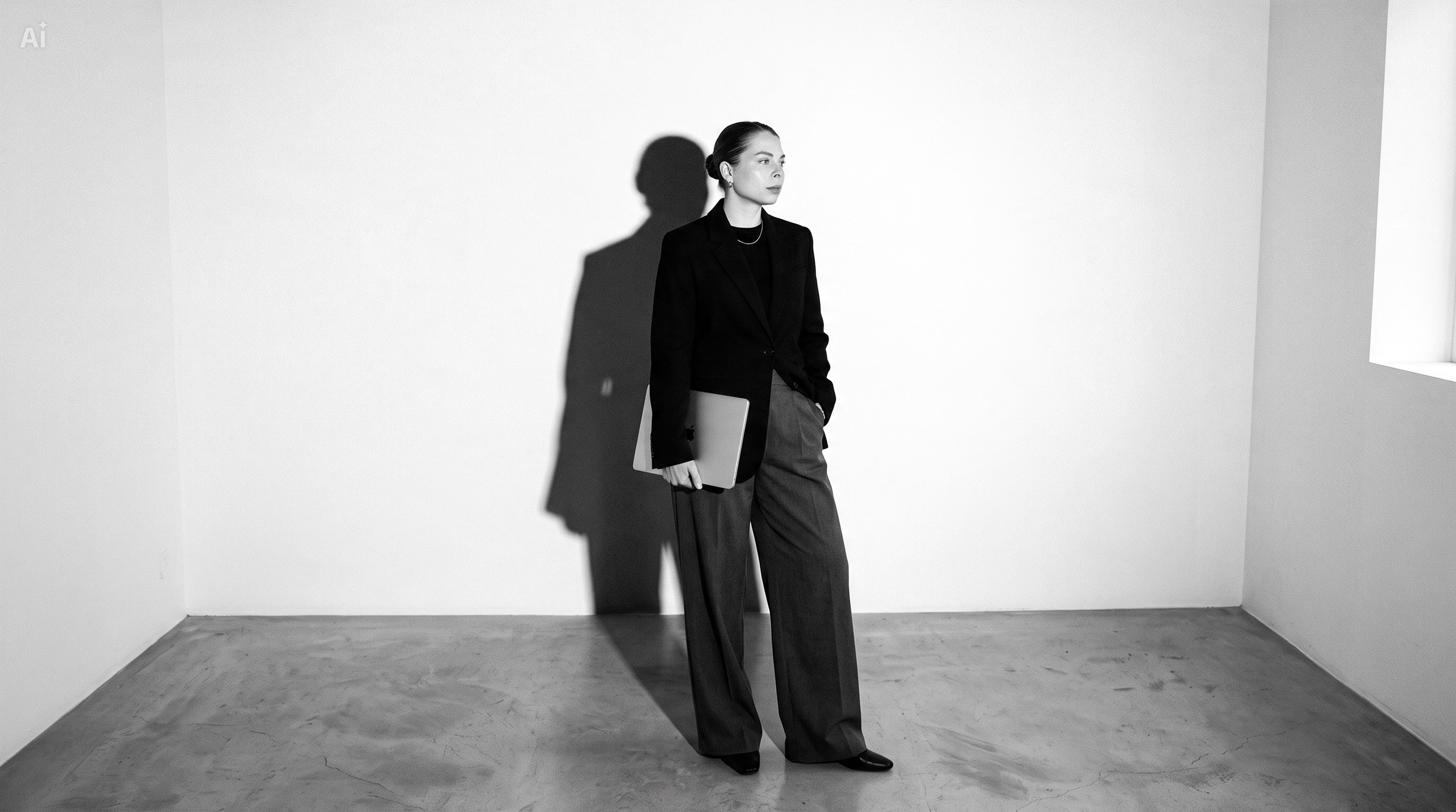 Black and white photo of a woman with dark hair in a bun, wearing a dark blazer and wide-leg pants, holding a laptop, standing in an empty room with white walls and a concrete floor, looking to her left.