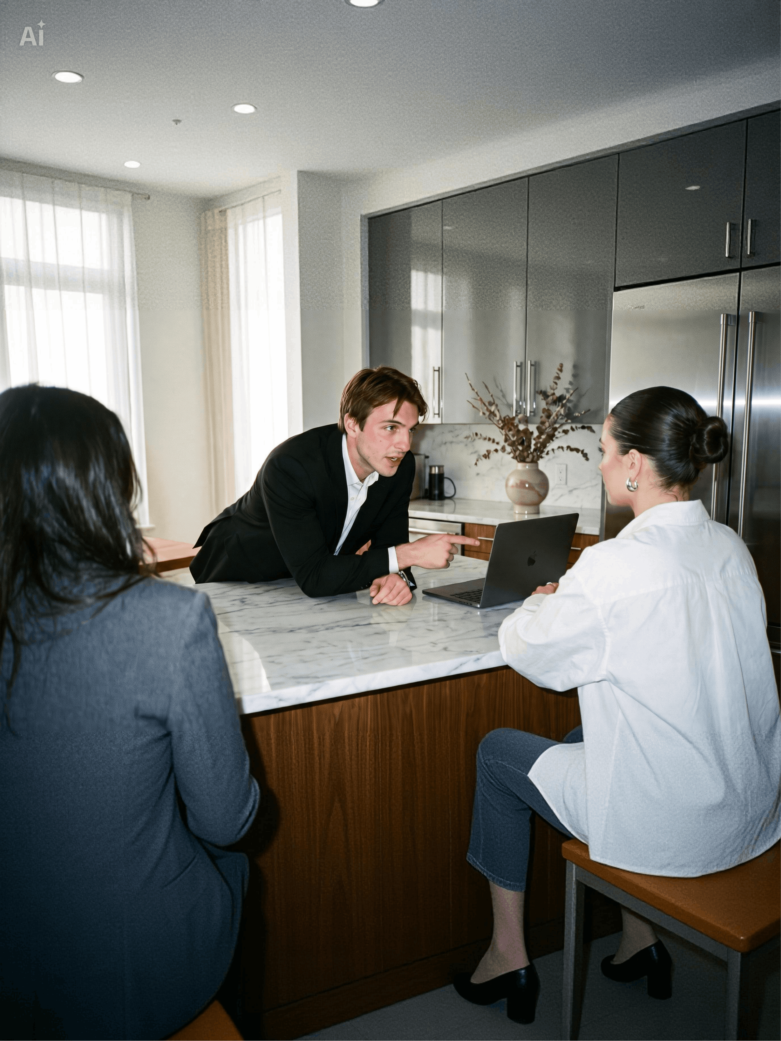 A woman in a white shirt and black heels sits at a kitchen counter, facing a man in a black suit who is leaning forward and pointing at a laptop screen. Two other women, one with dark hair and one with dark curly hair, sit at the counter in the foreground. The kitchen has gray cabinets, a marble countertop, and a vase with dried flowers.