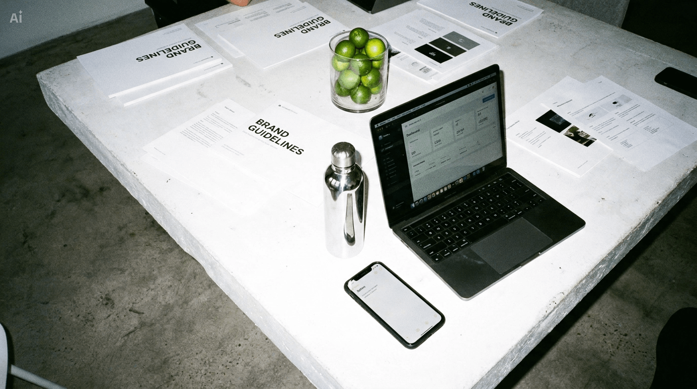 A white table with documents titled 'Brand Guidelines,' a laptop displaying data, a smartphone, a metallic water bottle, and a glass jar filled with green apples.