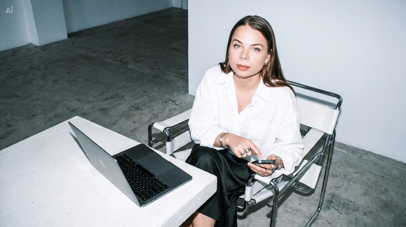 A woman is sitting in a white chair at a white table with a laptop on it, holding a smartphone in her right hand, wearing a white blouse and black skirt, in a minimalist room with concrete flooring.