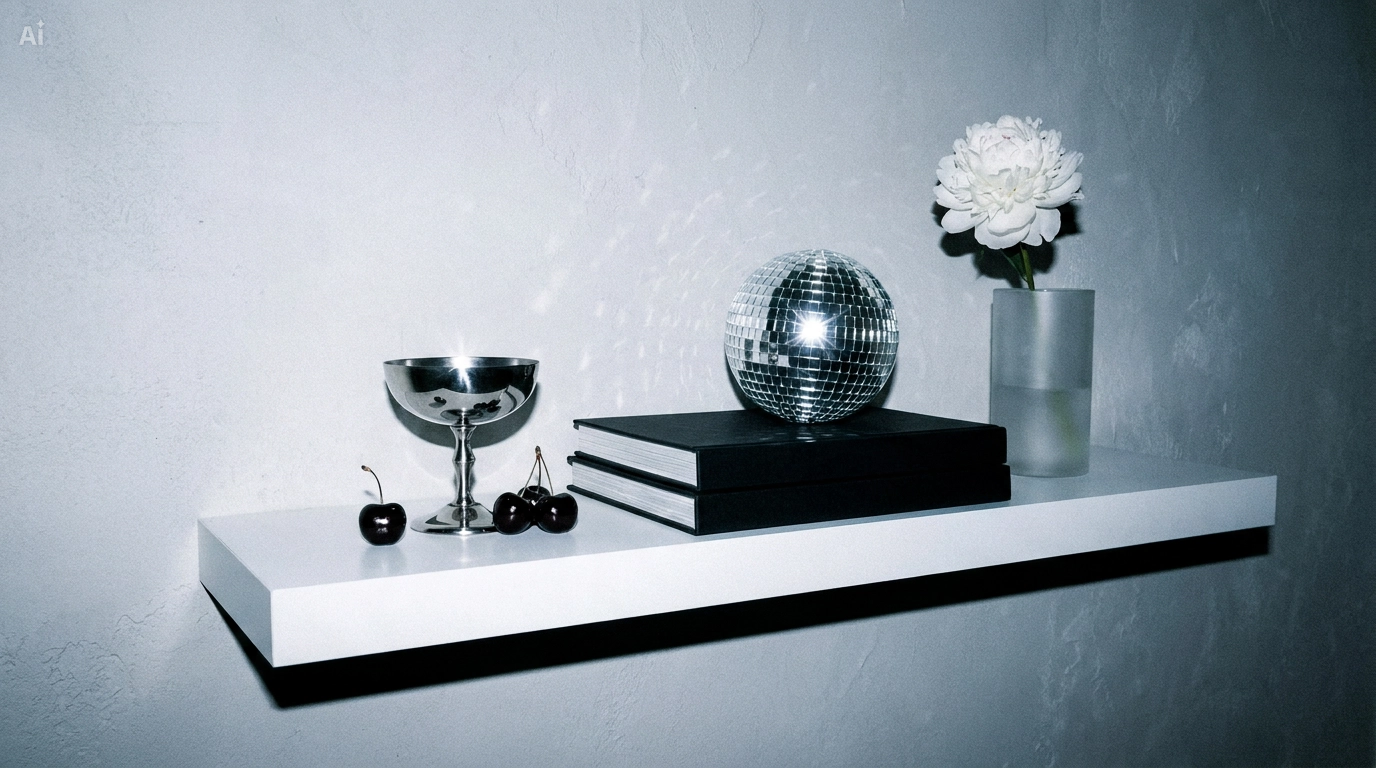 Decorative wall shelf with black books, a disco ball, a silver bowl, cherries, and a flower in a frosted glass vase.