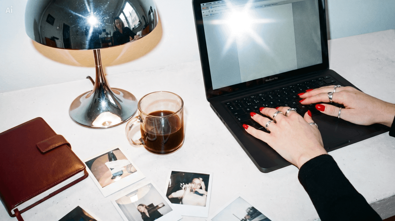 A person with painted red nails typing on a laptop at a white desk, with a metallic desk lamp, a glass mug of coffee, and several instant photos.