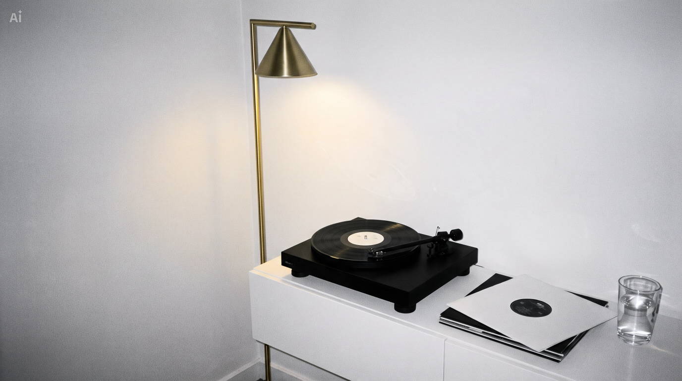 A turntable playing vinyl records on a white table, next to a glass of water, with a modern gold floor lamp nearby.