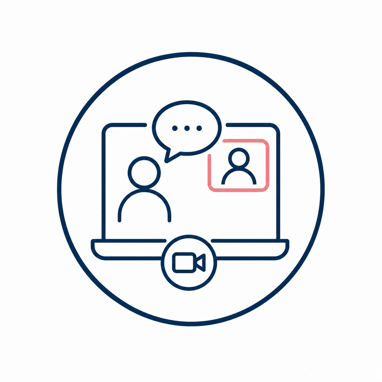 Line drawing of a computer screen with a person's silhouette, a speech bubble, and a video camera icon, indicating a video call or virtual meeting.