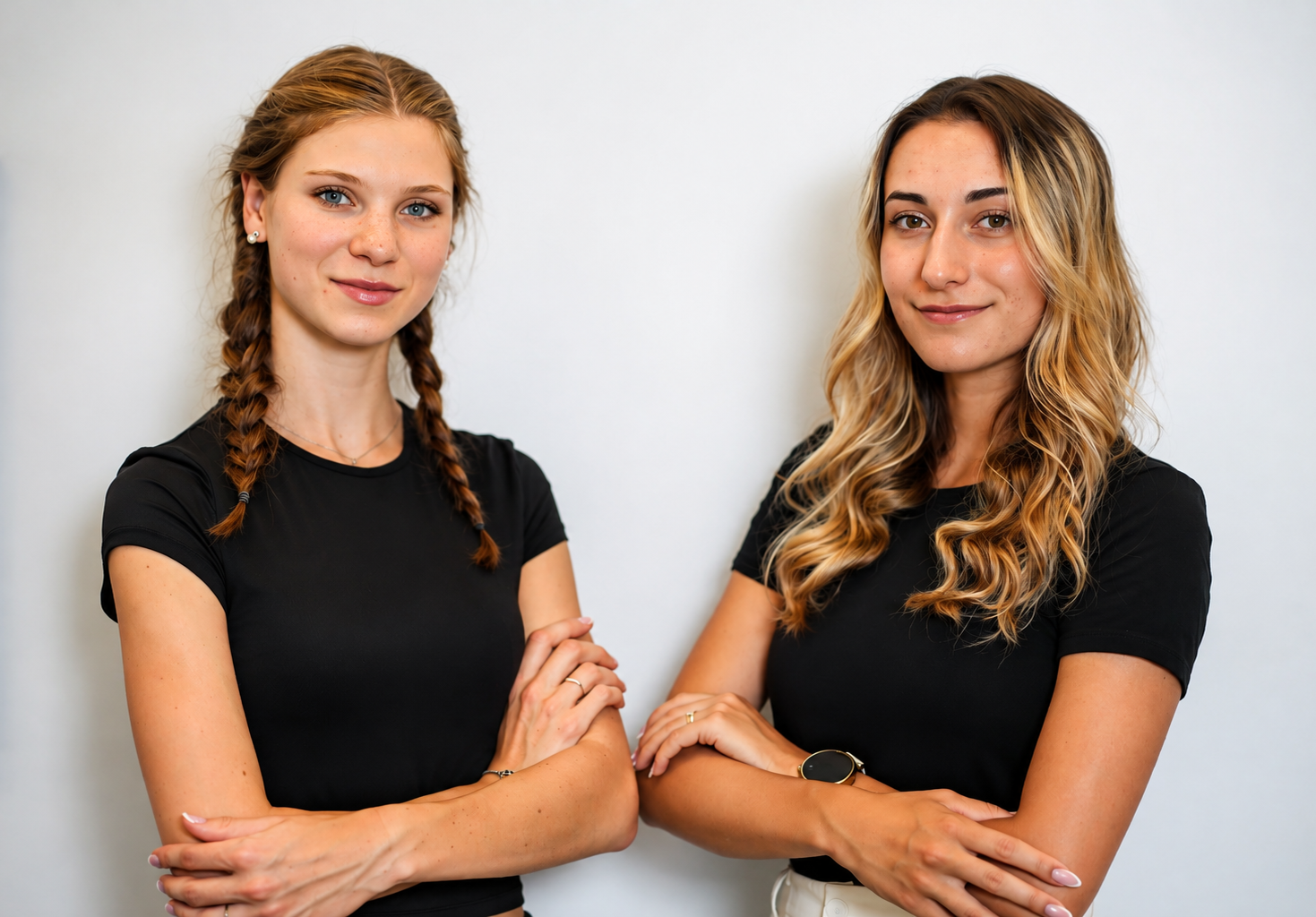 Two young women with their arms crossed, smiling, with blonde and brunette hair, dressed in black t-shirts, standing against a plain white background.