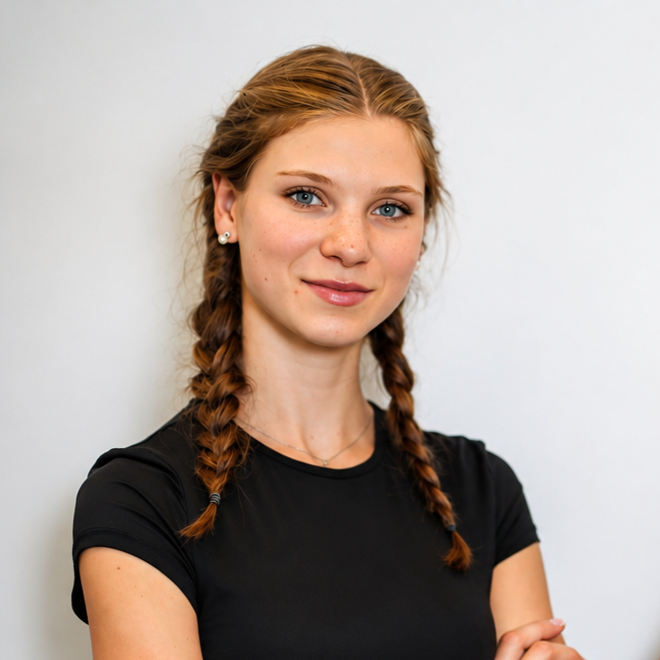 Young woman with light brown braided hair, blue eyes, and fair skin, wearing a black t-shirt and small earrings, standing against a plain white background.