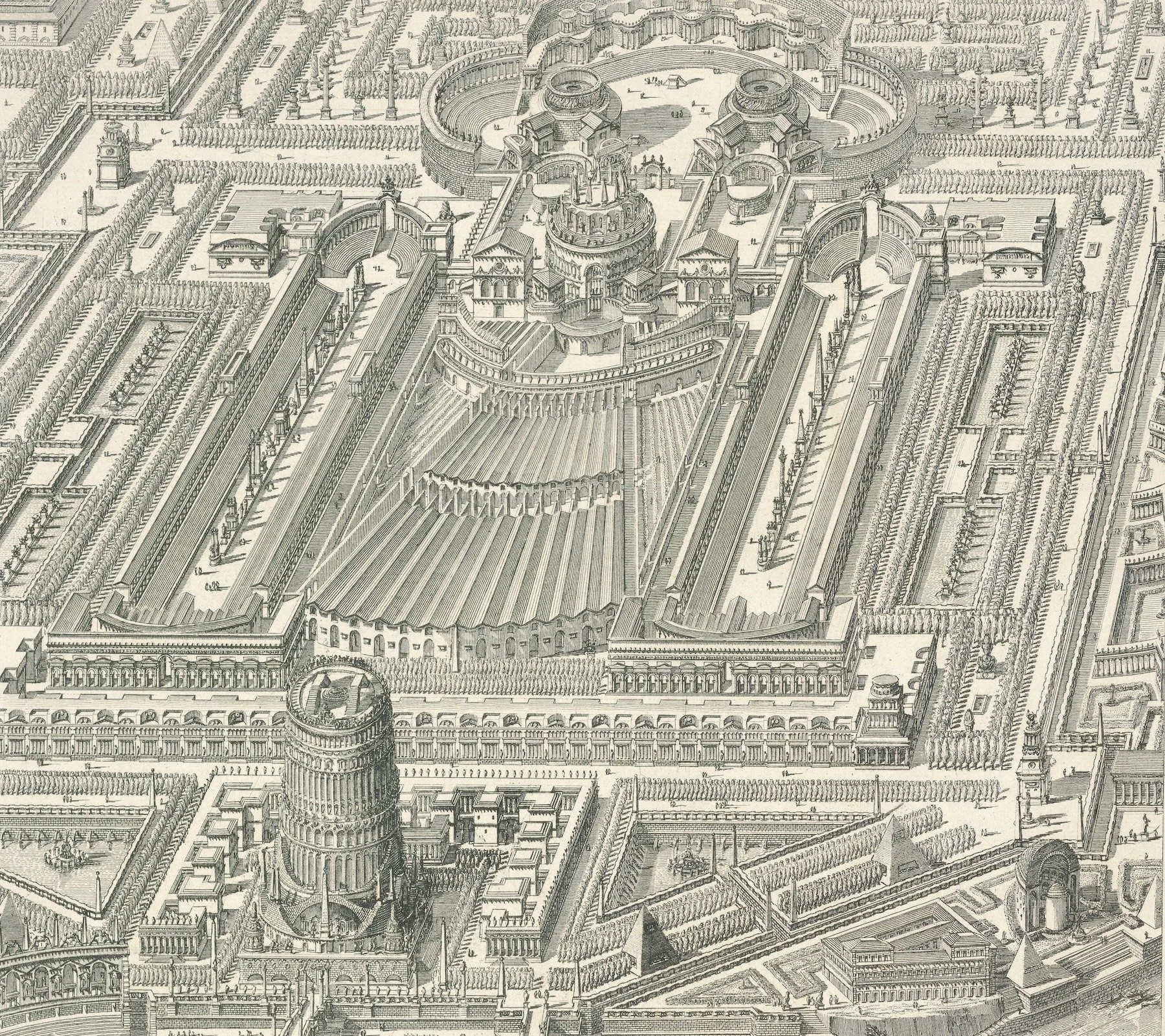 Detailed drawing of a monumental historic architectural complex with colonnades, rotundas, and obelisks