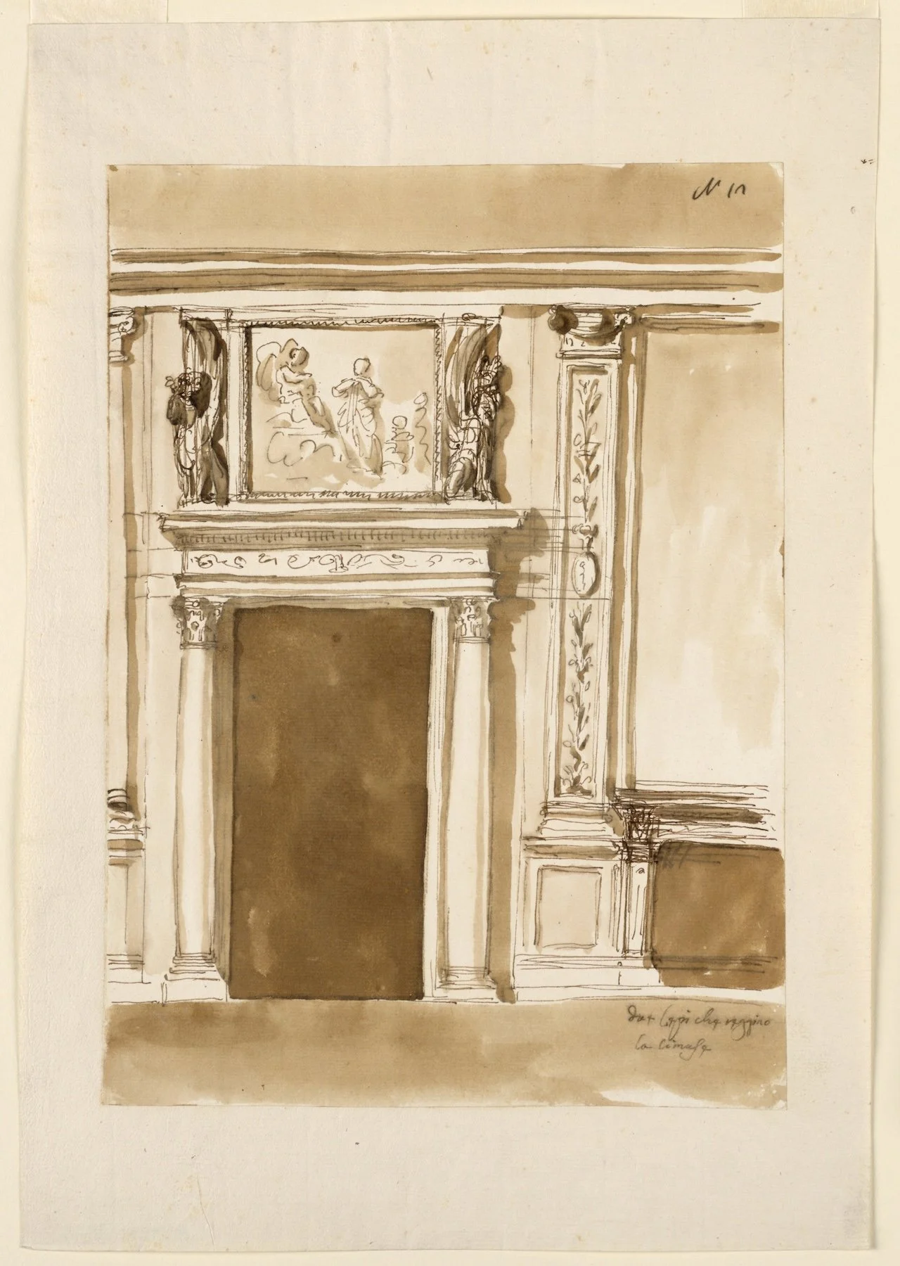A sketch of an ornate architectural fireplace mantel with detailed carvings, columns, and a framed painting or relief artwork above it. The drawing is done in brown ink with some shading.