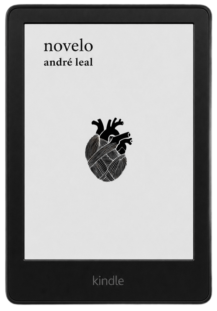 Tela de um Kindle com a capa do livro 'Novelo' de André Leal, mostrando uma ilustração de um coração estilizado.