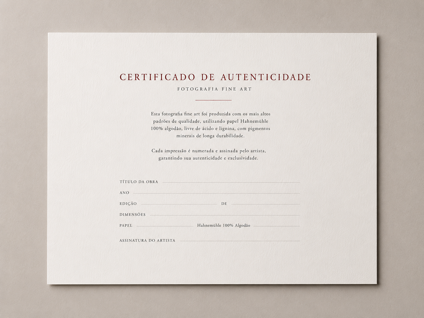 Certificado de autenticidade para uma fotografia, com espaço para título, ano, edição, dimensões, papel e assinatura do artista, em papel de alta qualidade.