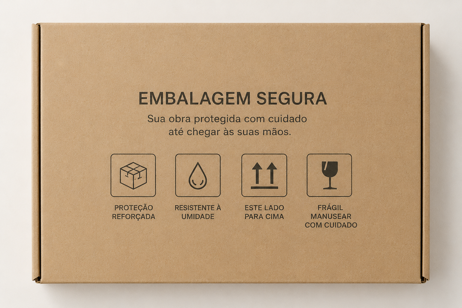 Caixa de embalagem de papelão com instruções de cuidado e proteção.