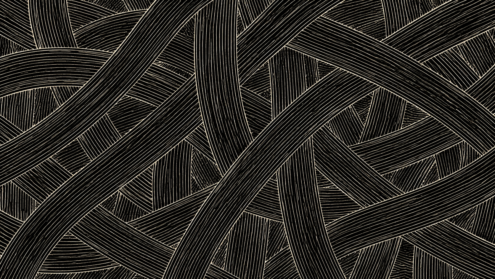 Padrão decorativo formado por faixas negras entrelaçadas com linhas brancas finas, criando um efeito de tecelagem abstrata.