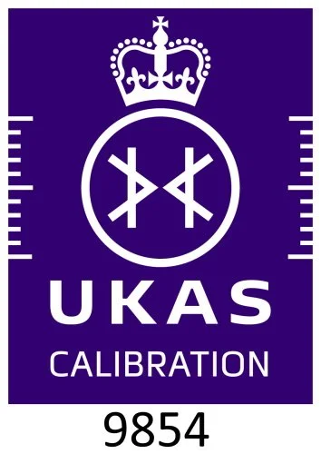 A purple calibration badge with a crown at the top, a circular symbol with two Elks horns and a snowflake in the middle, the letters "UKAS" and the word "Calibration," and the number 9854 at the bottom.