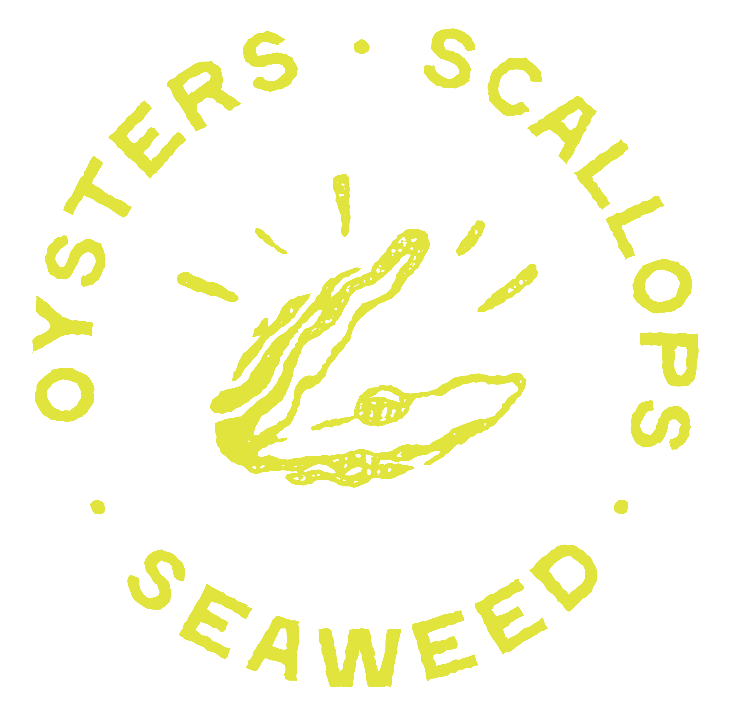 Yellow text reading oysters scallops and seaweed in circle with an illustration of an oyster shell with a pearl inside in the center of the circle.