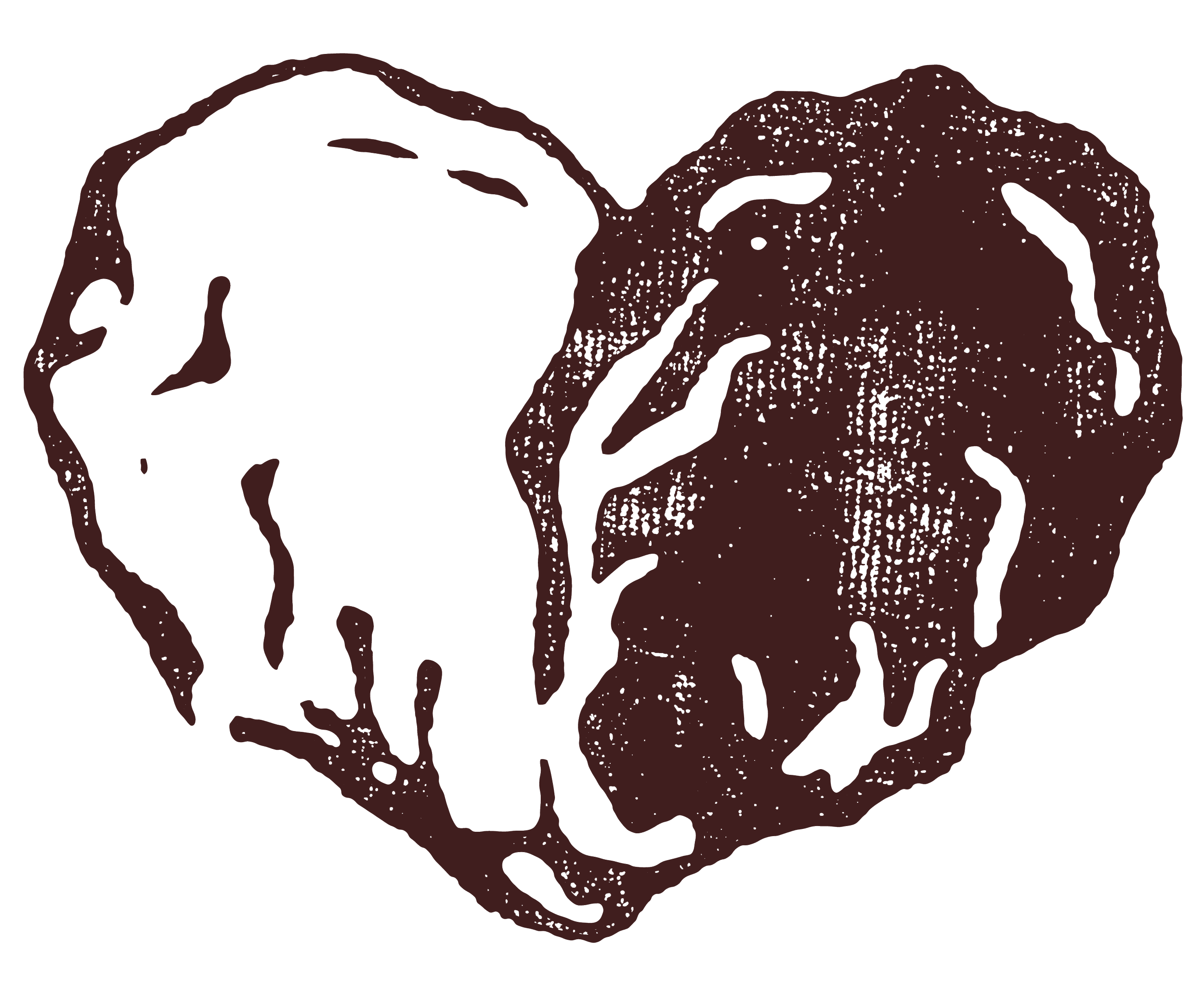 Brown distressed stamp-style illustration of two oyster shells overlapping together to form the shape of a heart.