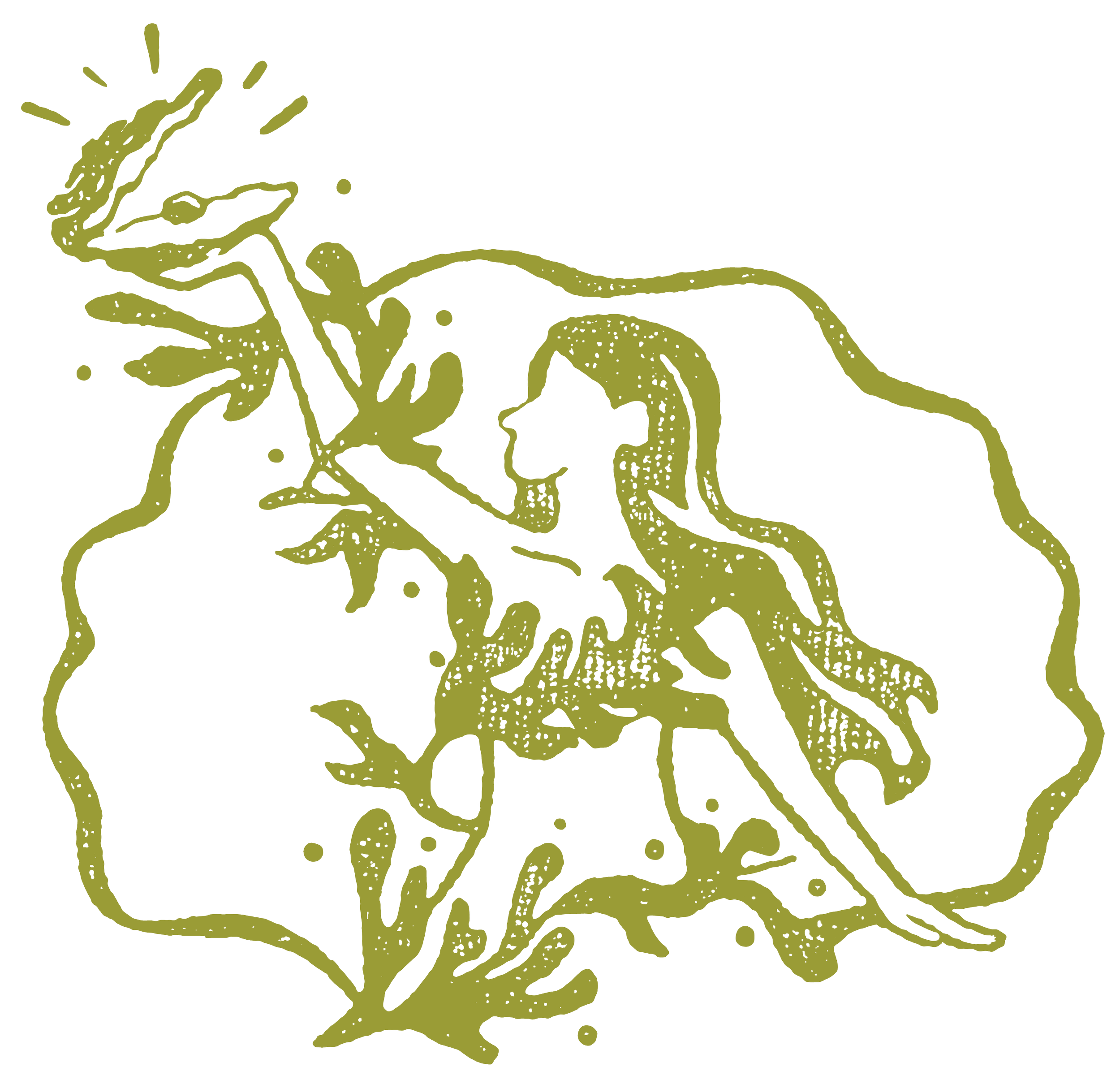 Olive green illustration of a sea woman with flowy hair holding an open oyster shell with a pearl in the center. Seaweed wraps around the woman's body to imply clothing.