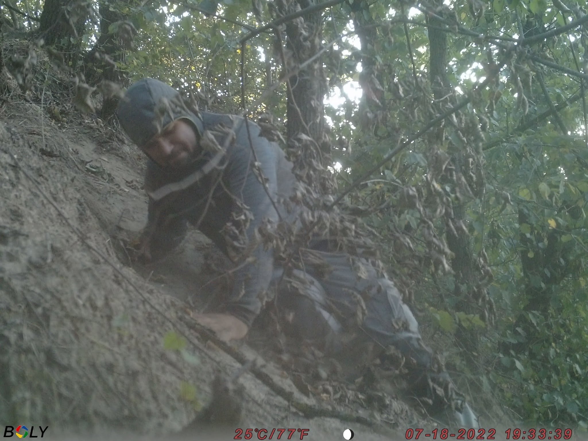 A person wearing a hooded jacket is climbing out of a ditch or trench surrounded by dense green foliage and branches, with sunlight filtering through the leaves.