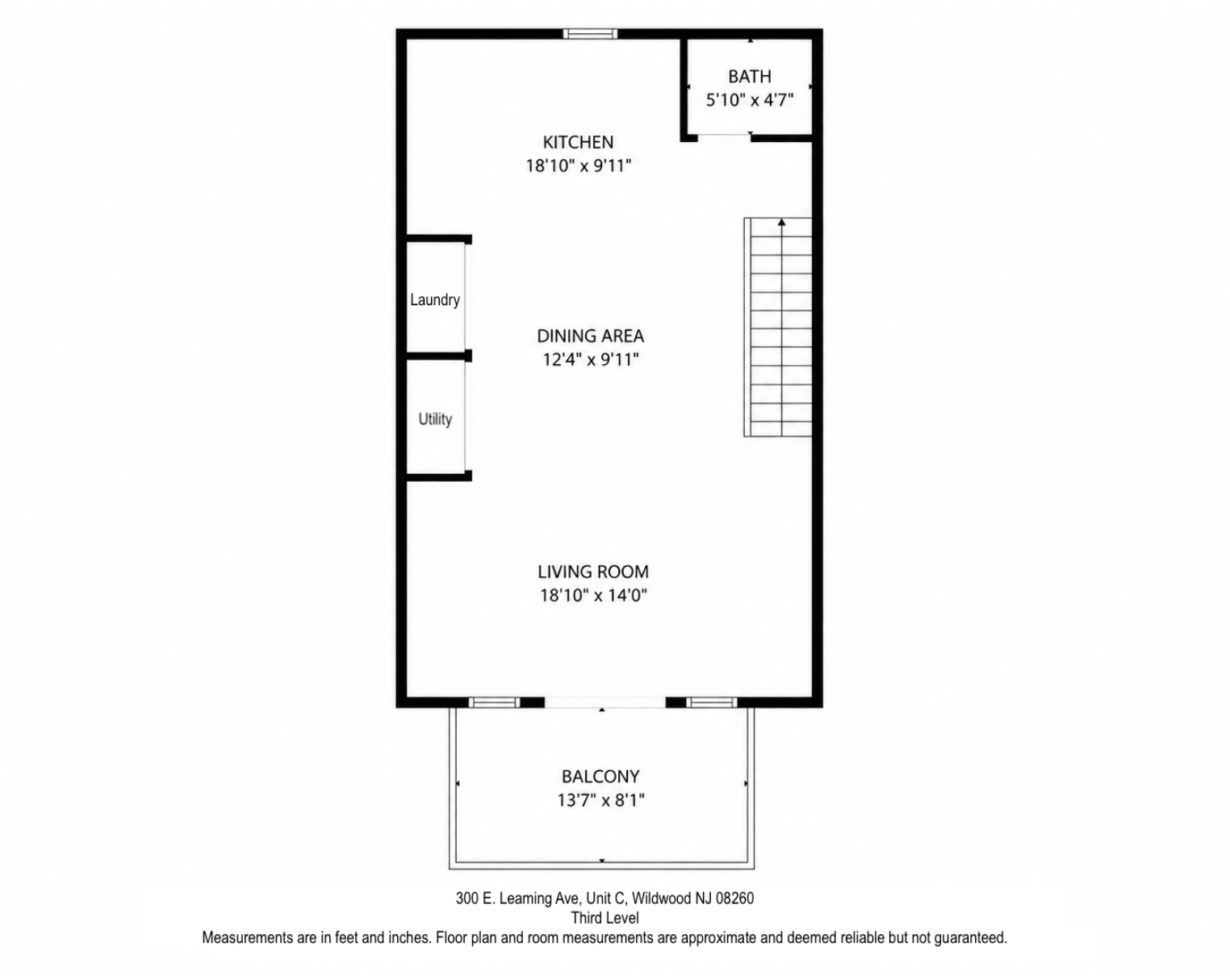 Floor plan of a residential unit showing a balcony, living room, dining area, kitchen, bathroom, laundry, and utility room.