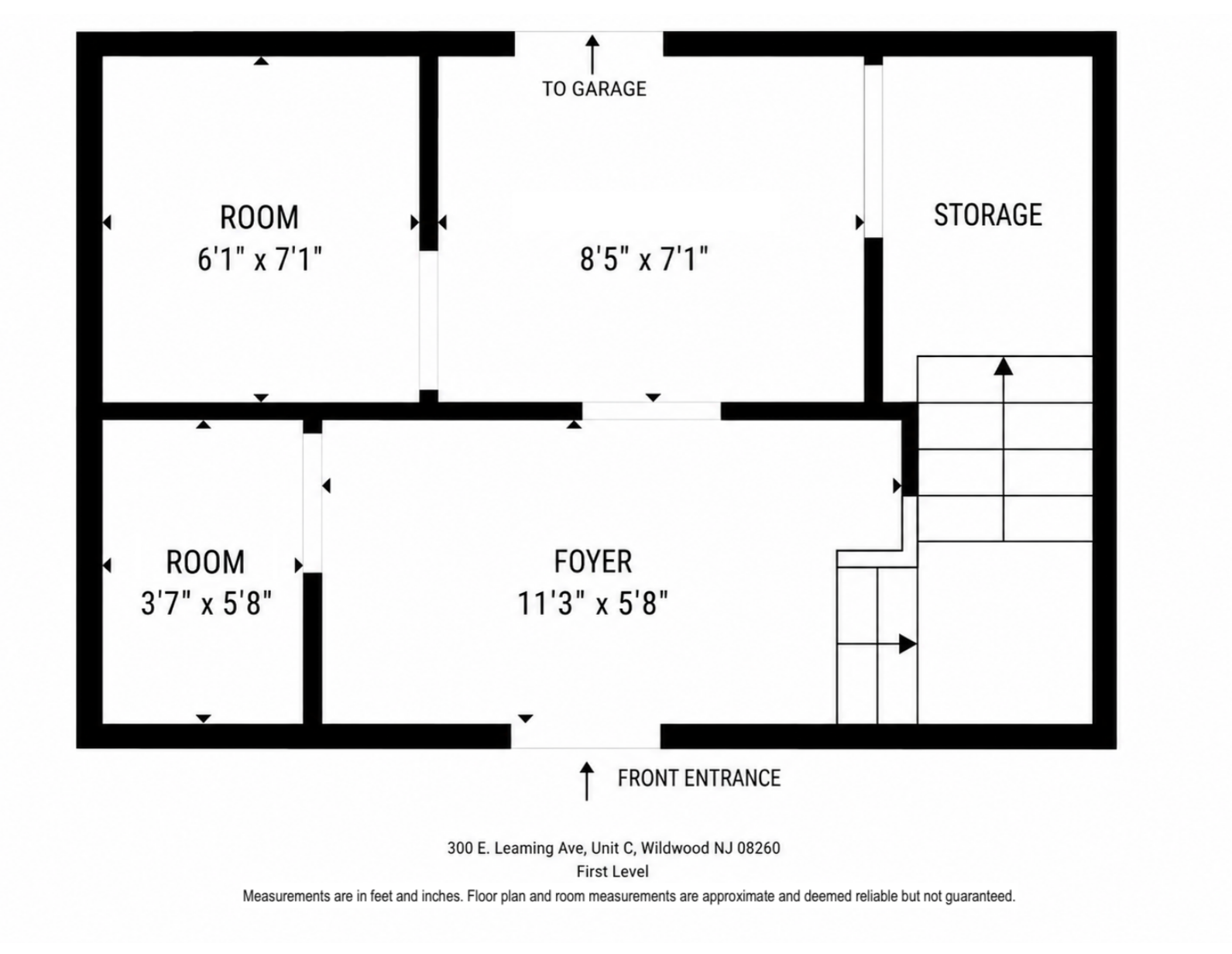 Floor plan of a house first level with rooms, foyer, storage, garage access, stairs, and front entrance.