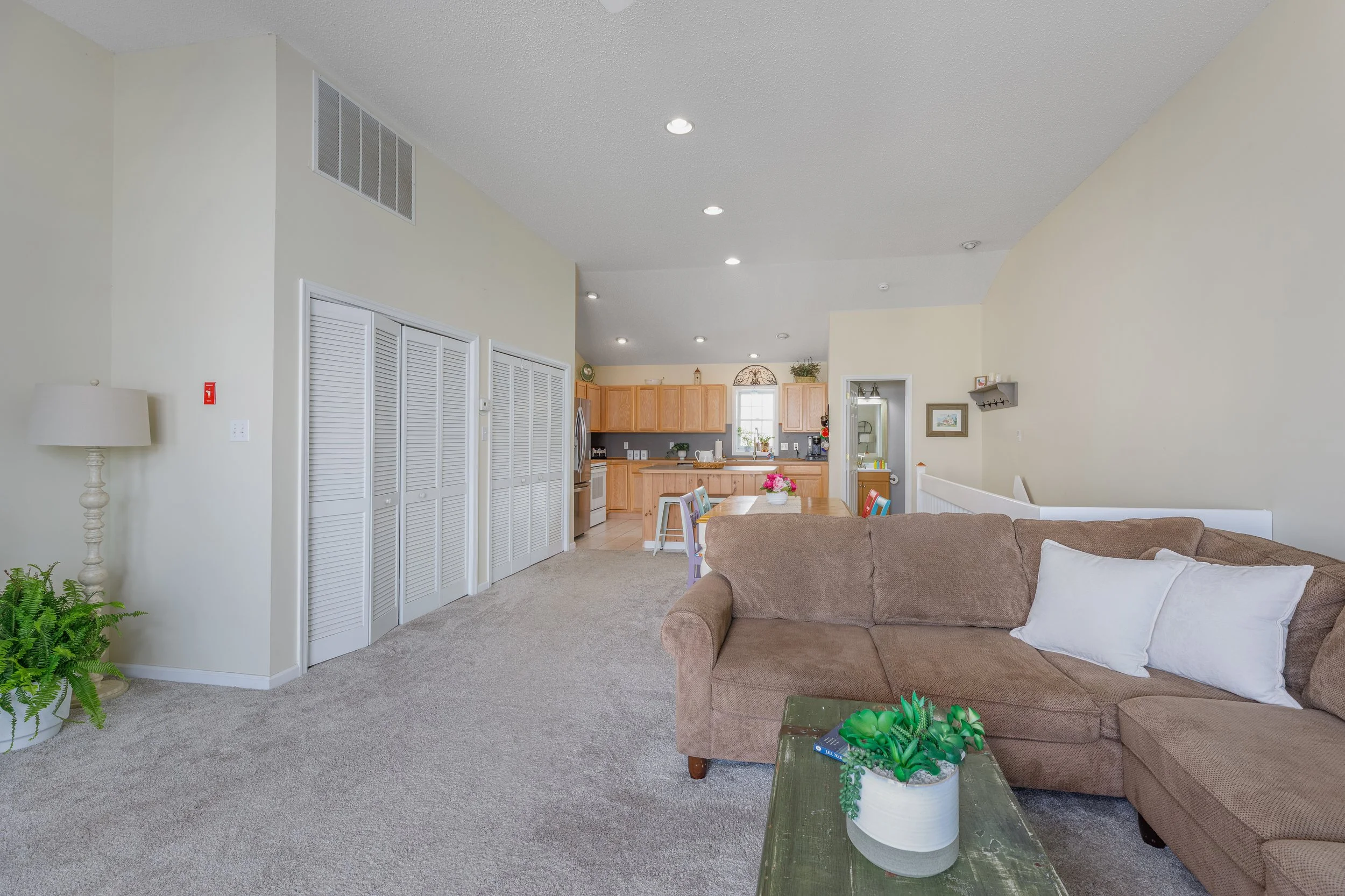 Living room area with a brown sofa, a green coffee table with a plant, beige carpet, and a view of the kitchen with wooden cabinets, stainless steel appliances, and a dining table.