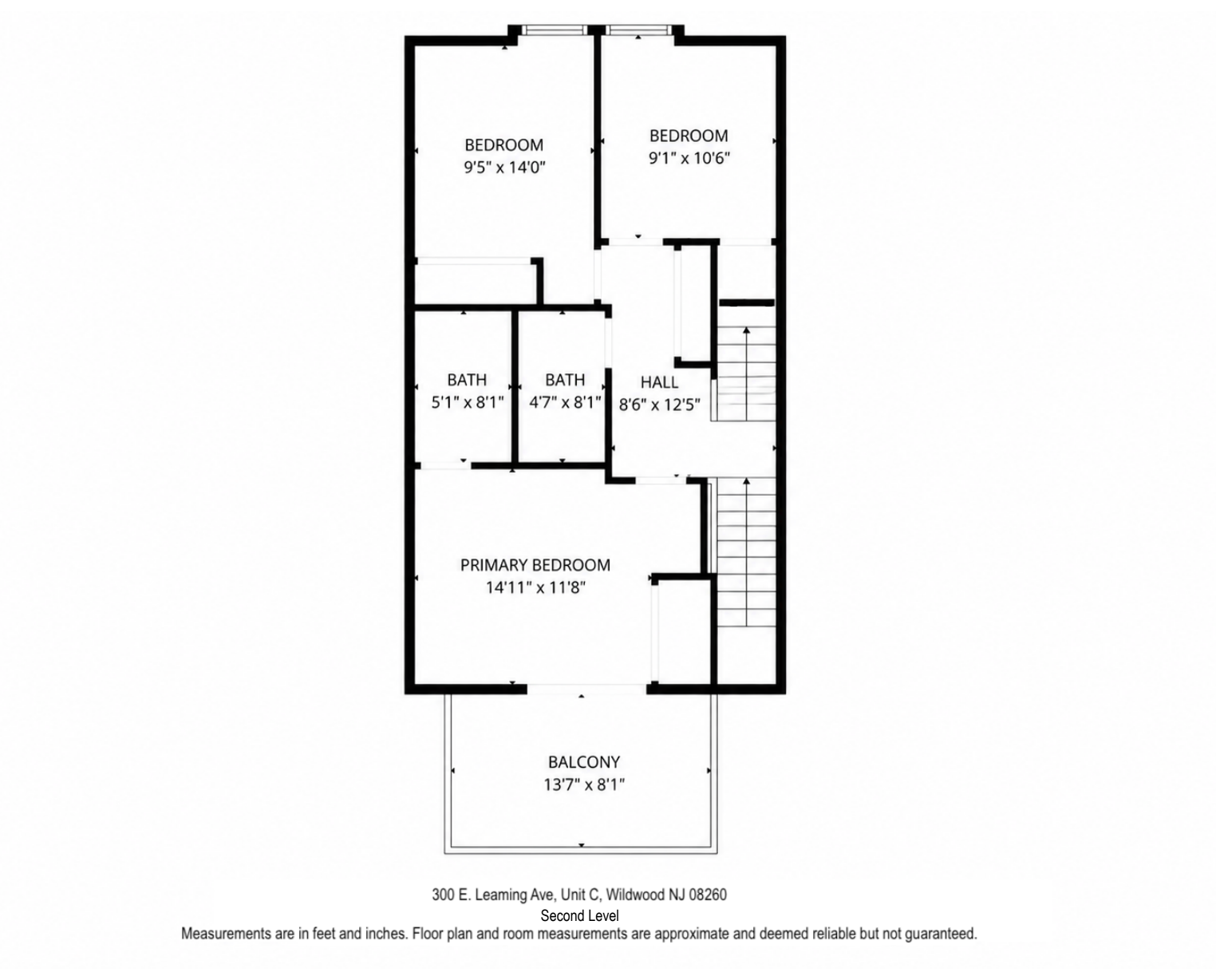 Floor plan of a second level residential layout with three bedrooms, two bathrooms, hallways, a primary bedroom with balcony, with room dimensions labeled. Contains staircase and windows.