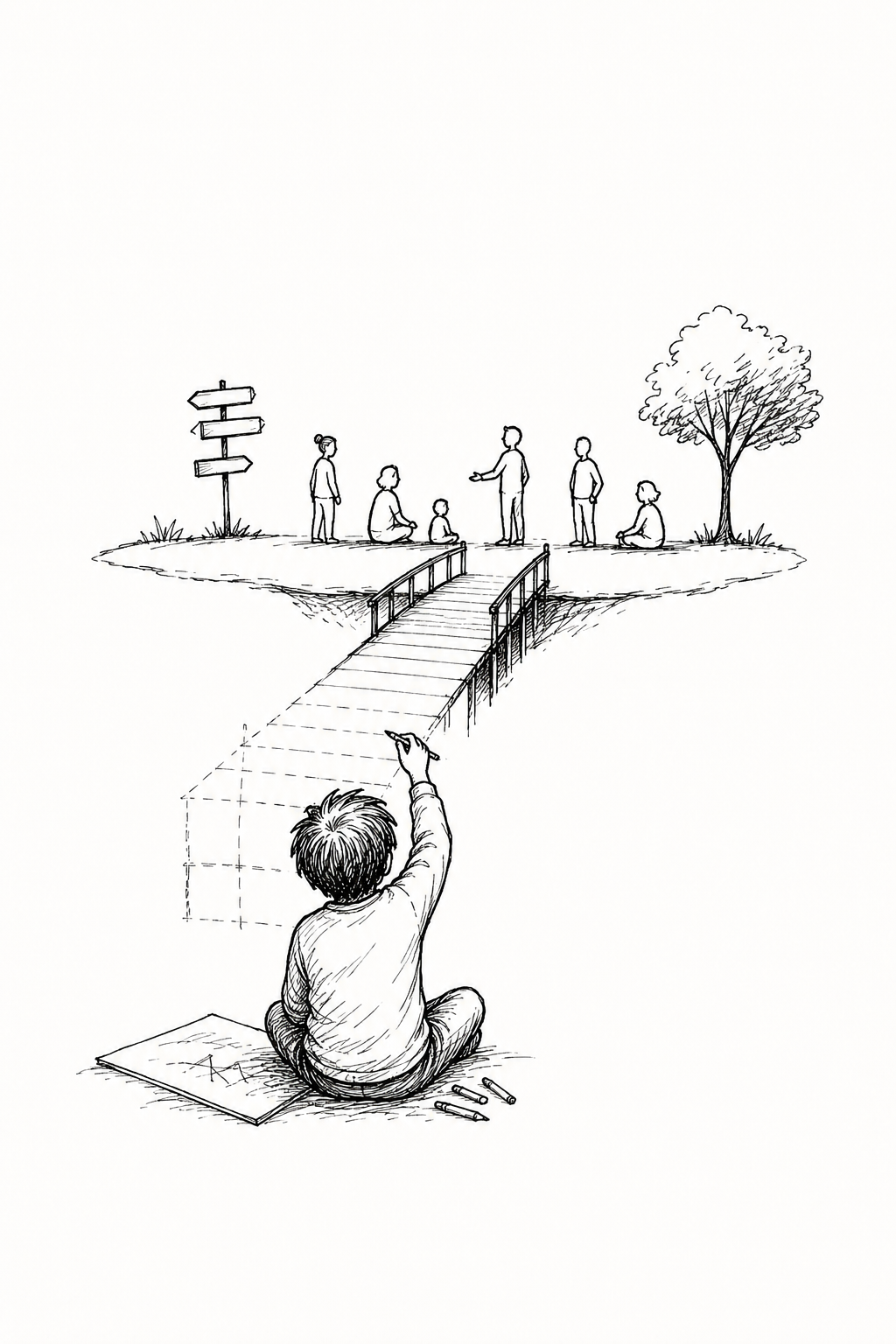 A boy sitting cross-legged on the ground drawing a picture of a bridge with pencils and a sketchpad, looking towards people on a hill in a park, with trees, grass, and a signpost.