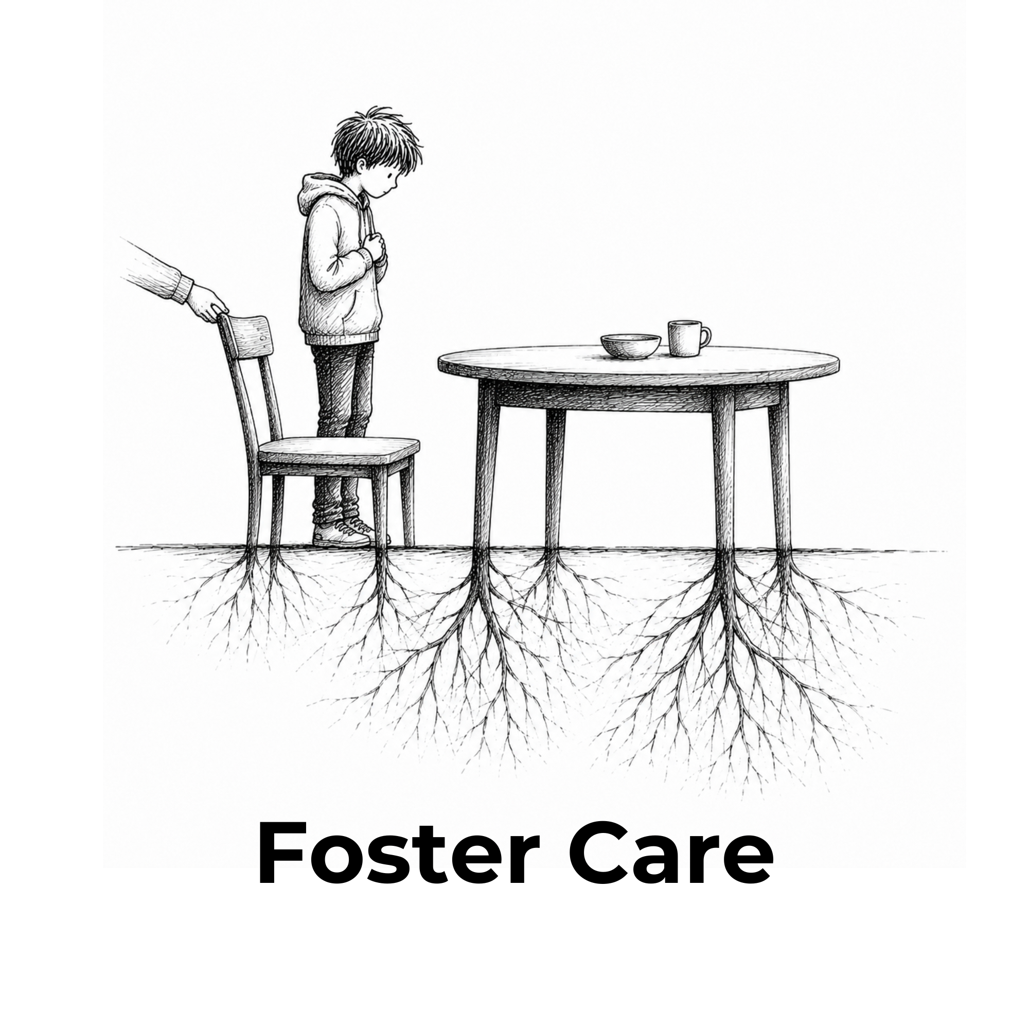 Logo for Foster Care featuring a tree with numerous roots and branches, with the text 'Foster Care' underneath.