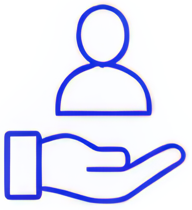 Outline graphic of a person above a hand, both in blue.